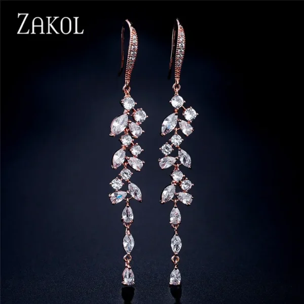 ZAKOL Fashion Cubic Zirconia Leaf Long Dangle Earrings For Women White Leaves Drop Earring Bridal Wedding Jewelry Gifts - Image 20