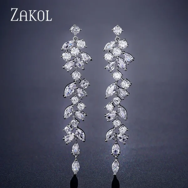 ZAKOL Fashion Cubic Zirconia Leaf Long Dangle Earrings For Women White Leaves Drop Earring Bridal Wedding Jewelry Gifts - Image 2