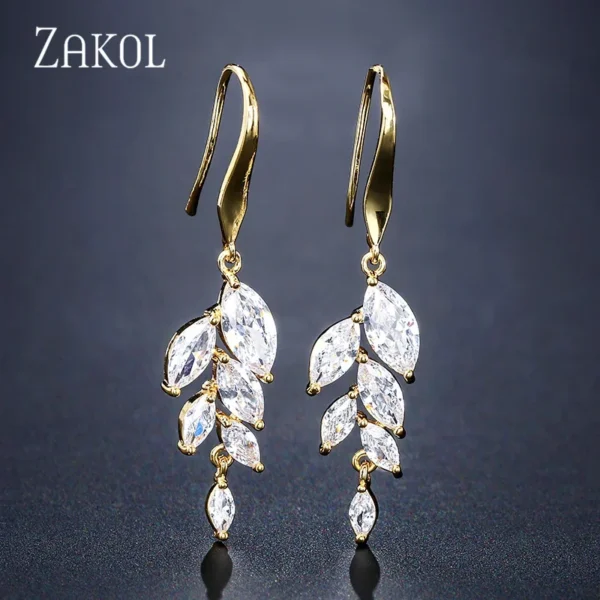 ZAKOL Fashion Cubic Zirconia Leaf Long Dangle Earrings For Women White Leaves Drop Earring Bridal Wedding Jewelry Gifts - Image 7