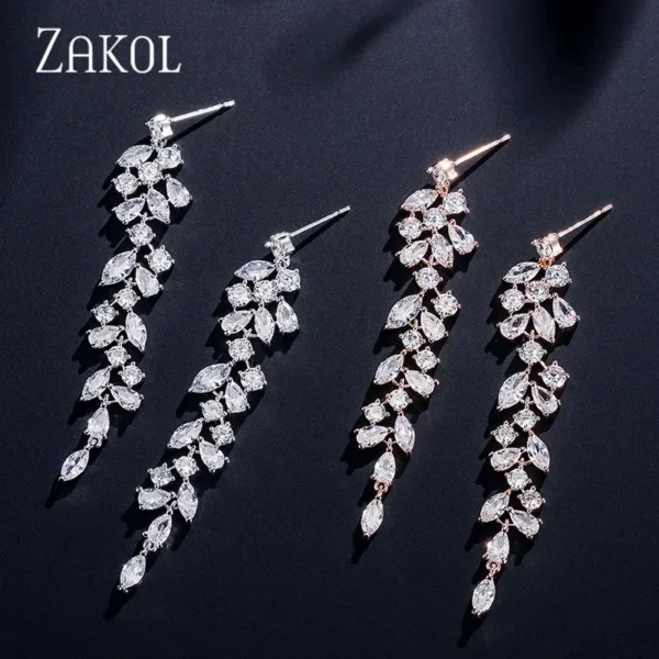 ZAKOL Fashion Cubic Zirconia Leaf Long Dangle Earrings For Women White Leaves Drop Earring Bridal Wedding Jewelry Gifts - Image 4