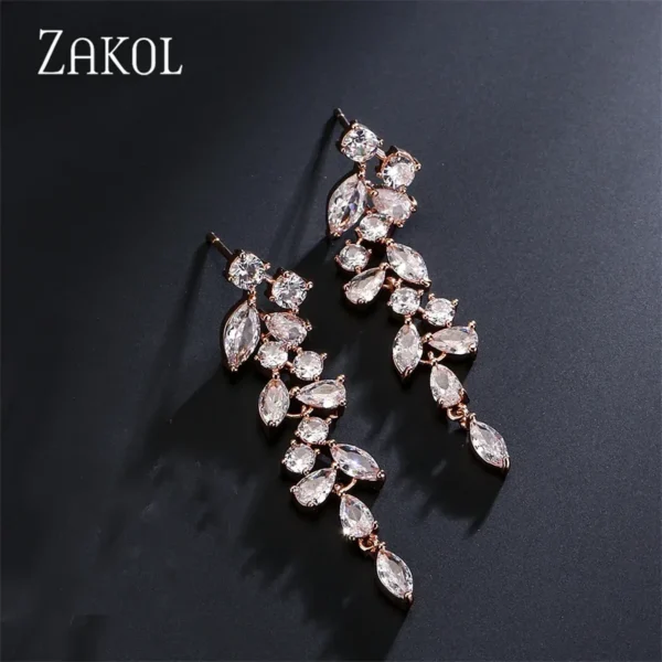 ZAKOL Fashion Cubic Zirconia Leaf Long Dangle Earrings For Women White Leaves Drop Earring Bridal Wedding Jewelry Gifts - Image 15