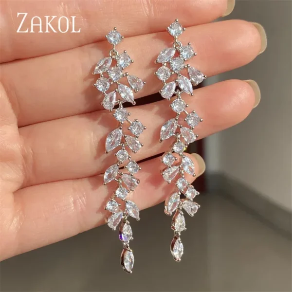 ZAKOL Fashion Cubic Zirconia Leaf Long Dangle Earrings For Women White Leaves Drop Earring Bridal Wedding Jewelry Gifts