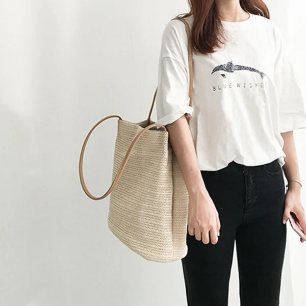 Large Straw Beach Tote Bag Women，Foldable Bucket Bag with Inner Pocket Woven Rattan Pool Bag for Travel & Shopping - Image 12