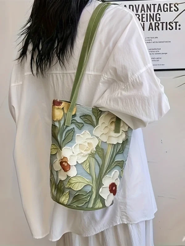 Large-Capacity Bucket Bag for Women Fashion Handbag Casual Shoulder Storage with Lovely Flower Design Premium Sense - Image 4