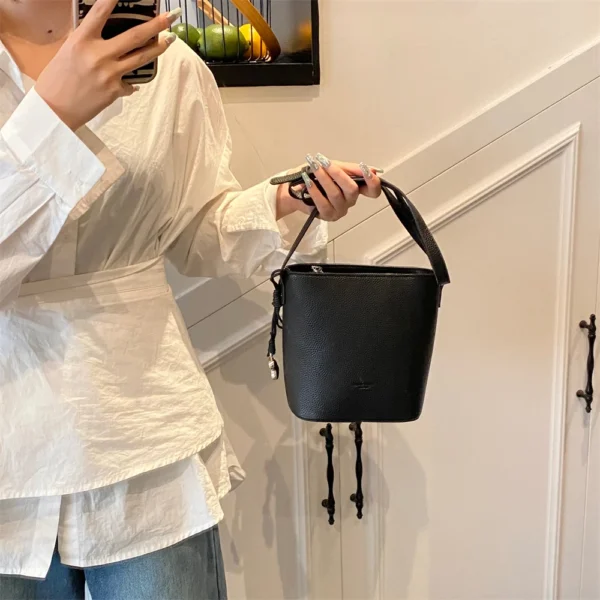 Lychee Pattern Mini Shoulder Bucket Bags For Women Pure Color PU Leather Cross Body Bag With Pendant 2025 Summer Latest Handbags - Image 19