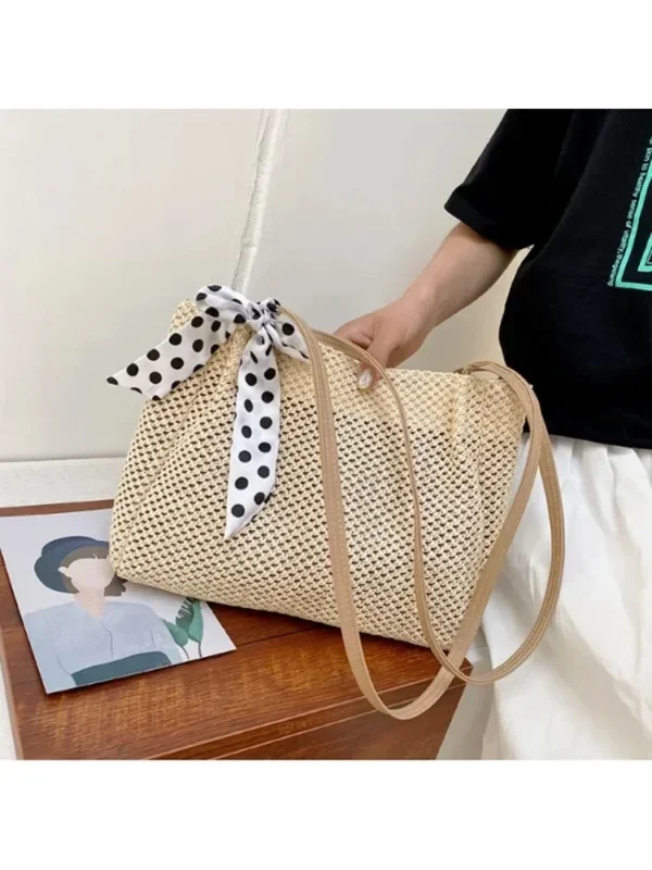 Straw Woven Large Capacity Fashionable Scarf Handbag Spring New Versatile Ins Single Shoulder Armpit Bag Tote Bag Bucket Bag - Image 10