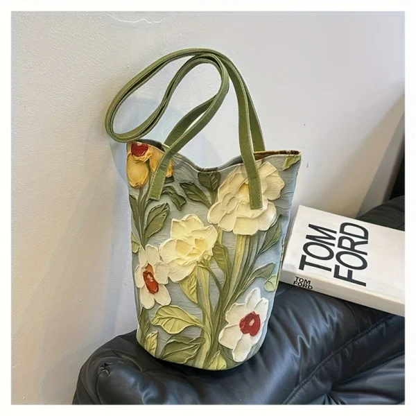 Large-Capacity Bucket Bag for Women Fashion Handbag Casual Shoulder Storage with Lovely Flower Design Premium Sense - Image 2