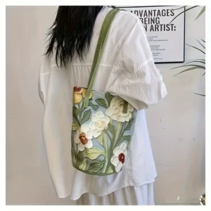 Large-Capacity Bucket Bag for Women Fashion Handbag Casual Shoulder Storage with Lovely Flower Design Premium Sense