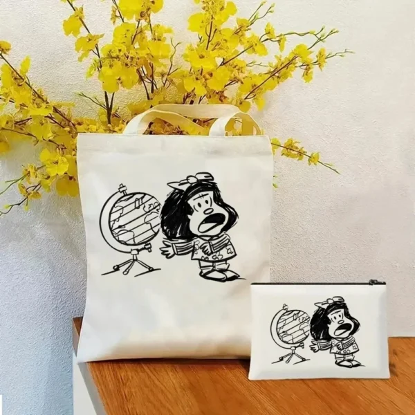 2 Pcs Mafalda Fashion Tote Cosmetic Organizer Ladies Canvas Shoulder Bag Eco-friendly Large Capacity Shopping Bag Wallet - Image 8