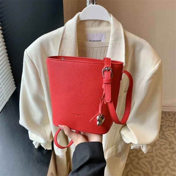 Lychee Pattern Mini Shoulder Bucket Bags For Women Pure Color PU Leather Cross Body Bag With Pendant 2025 Summer Latest Handbags - Image 15