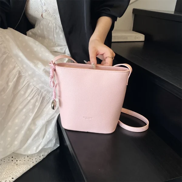 Lychee Pattern Mini Shoulder Bucket Bags For Women Pure Color PU Leather Cross Body Bag With Pendant 2025 Summer Latest Handbags - Image 13