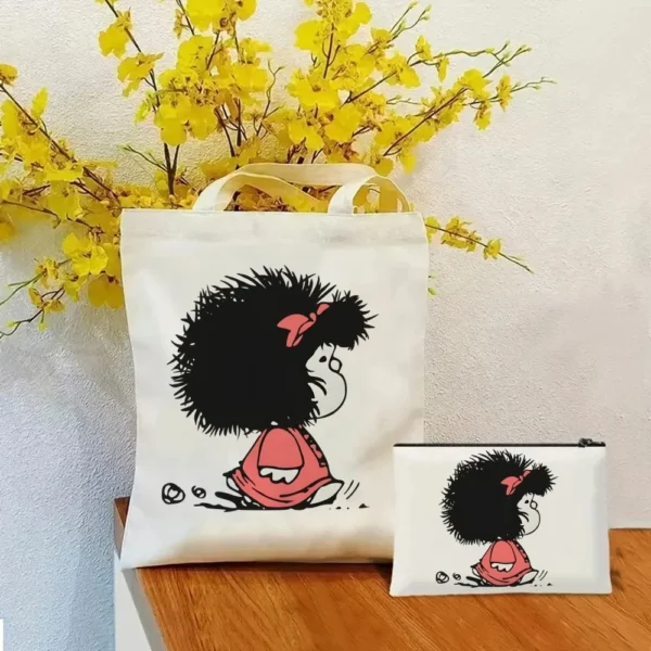 2 Pcs Mafalda Fashion Tote Cosmetic Organizer Ladies Canvas Shoulder Bag Eco-friendly Large Capacity Shopping Bag Wallet - Image 13