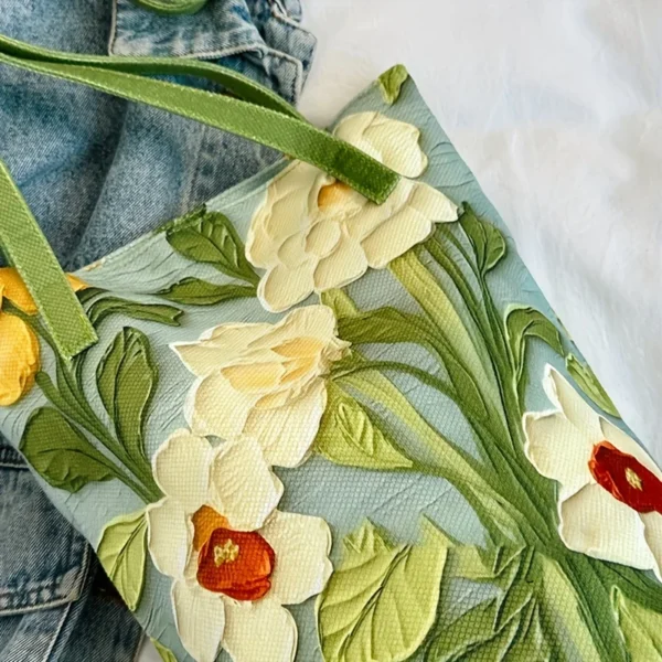 Women's Large Capacity Summer Floral Oxford Bucket Bag Casual Fashionable Shoulder Bag with Oil Painting Flower Design Handbag - Image 5