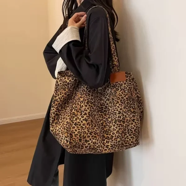 Leopard Pattern Tote Bag Vintage Canvas Shoulder Bag Fashion Big Capacity Handbag For School Work Shopping - Image 5