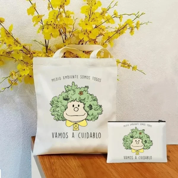 2 Pcs Mafalda Fashion Tote Cosmetic Organizer Ladies Canvas Shoulder Bag Eco-friendly Large Capacity Shopping Bag Wallet - Image 33