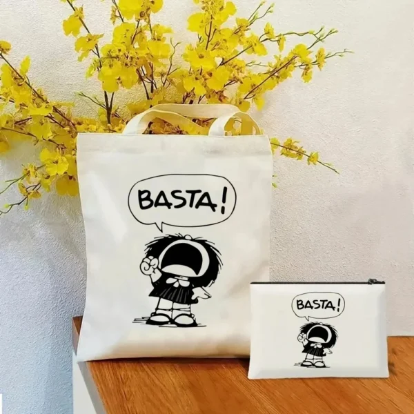 2 Pcs Mafalda Fashion Tote Cosmetic Organizer Ladies Canvas Shoulder Bag Eco-friendly Large Capacity Shopping Bag Wallet - Image 11