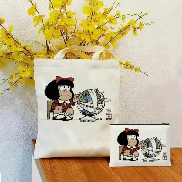 2 Pcs Mafalda Fashion Tote Cosmetic Organizer Ladies Canvas Shoulder Bag Eco-friendly Large Capacity Shopping Bag Wallet - Image 19