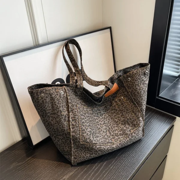Leopard Pattern Tote Bag Vintage Canvas Shoulder Bag Fashion Big Capacity Handbag For School Work Shopping - Image 8