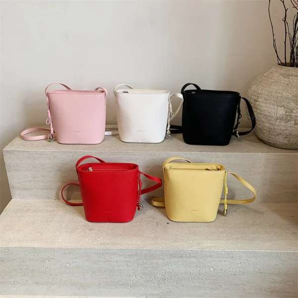 Lychee Pattern Mini Shoulder Bucket Bags For Women Pure Color PU Leather Cross Body Bag With Pendant 2025 Summer Latest Handbags - Image 28