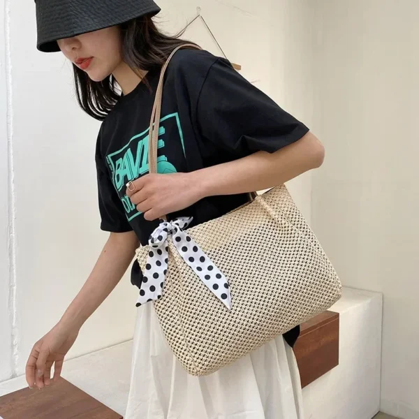 Straw Woven Large Capacity Fashionable Scarf Handbag Spring New Versatile Ins Single Shoulder Armpit Bag Tote Bag Bucket Bag - Image 5