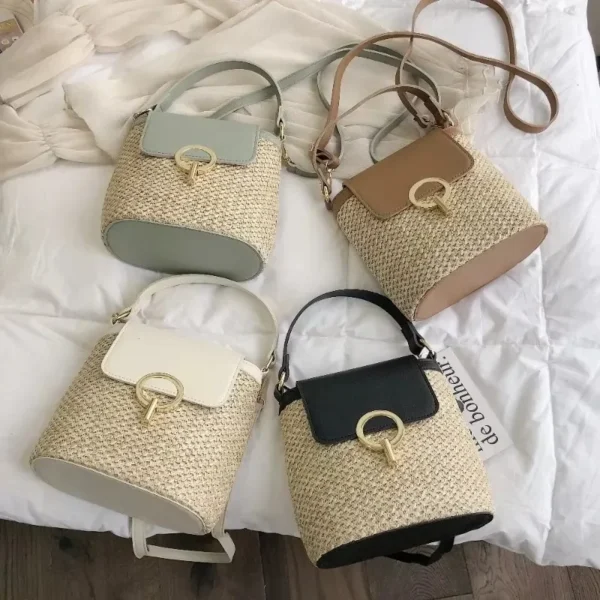2025 New Fashion Trend Korean Version Versatile Fashion Handheld Crossbody Bucket Bag Beach Vacation Woven Women's Bag - Image 3