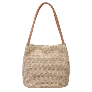 Large Straw Beach Tote Bag Women，Foldable Bucket Bag with Inner Pocket Woven Rattan Pool Bag for Travel & Shopping
