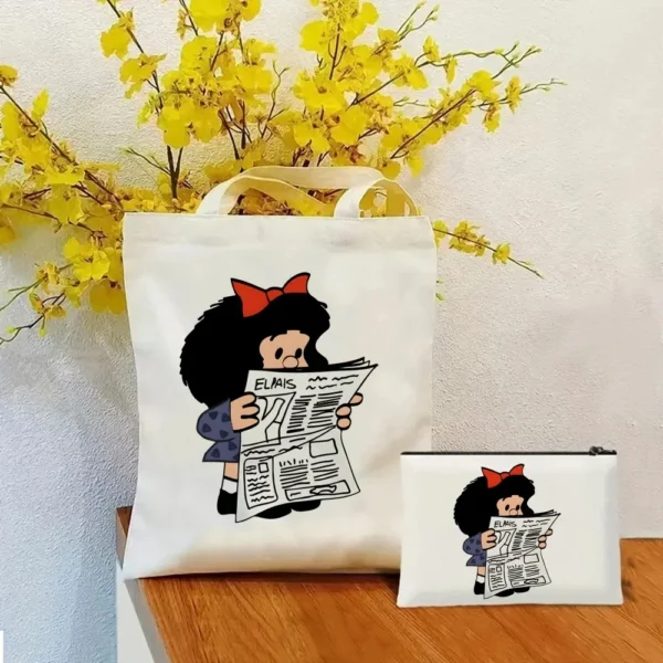 2 Pcs Mafalda Fashion Tote Cosmetic Organizer Ladies Canvas Shoulder Bag Eco-friendly Large Capacity Shopping Bag Wallet - Image 16