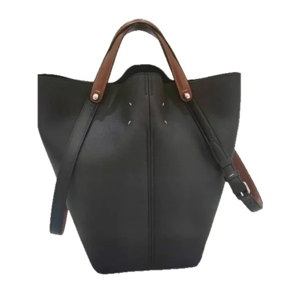 Large Capacity Bucket Bag Dark Style Handheld Leather Sewing Line Commuter Tote Bag Neutral Minimalist Style Single Shoulder Bag - Image 2