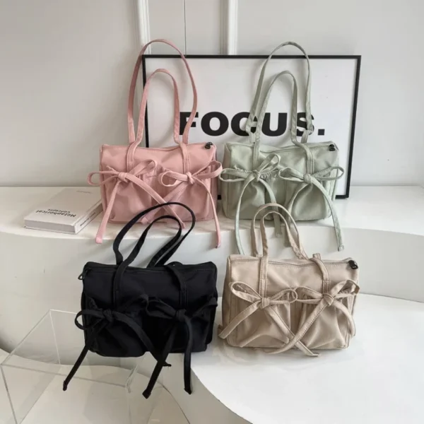 2025 New Korean Bow Nylon Shoulder Bag Fashionable and Sweet Design Tote Bag Folded Large Capacity Commuter Women's Handbag - Image 5