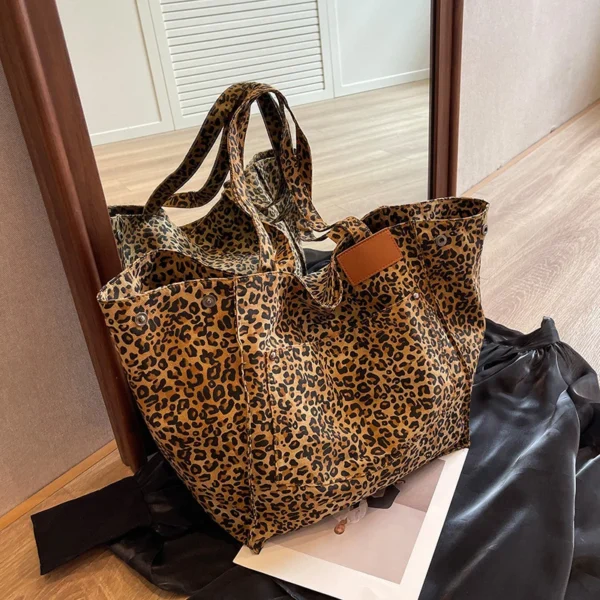 Leopard Pattern Tote Bag Vintage Canvas Shoulder Bag Fashion Big Capacity Handbag For School Work Shopping - Image 7