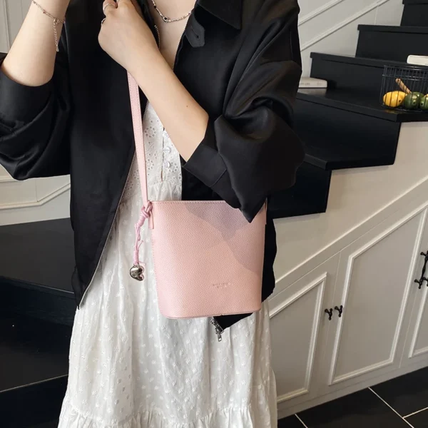 Lychee Pattern Mini Shoulder Bucket Bags For Women Pure Color PU Leather Cross Body Bag With Pendant 2025 Summer Latest Handbags - Image 2