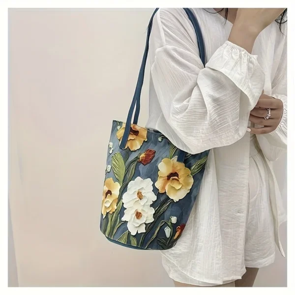 Women's Large Capacity Summer Floral Oxford Bucket Bag Casual Fashionable Shoulder Bag with Oil Painting Flower Design Handbag - Image 4