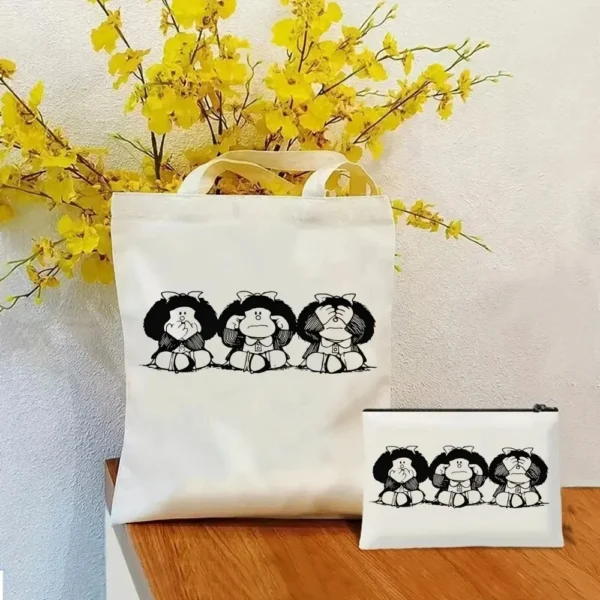 2 Pcs Mafalda Fashion Tote Cosmetic Organizer Ladies Canvas Shoulder Bag Eco-friendly Large Capacity Shopping Bag Wallet - Image 10