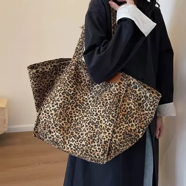 Leopard Pattern Tote Bag Vintage Canvas Shoulder Bag Fashion Big Capacity Handbag For School Work Shopping - Image 3