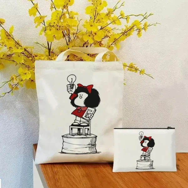 2 Pcs Mafalda Fashion Tote Cosmetic Organizer Ladies Canvas Shoulder Bag Eco-friendly Large Capacity Shopping Bag Wallet - Image 31