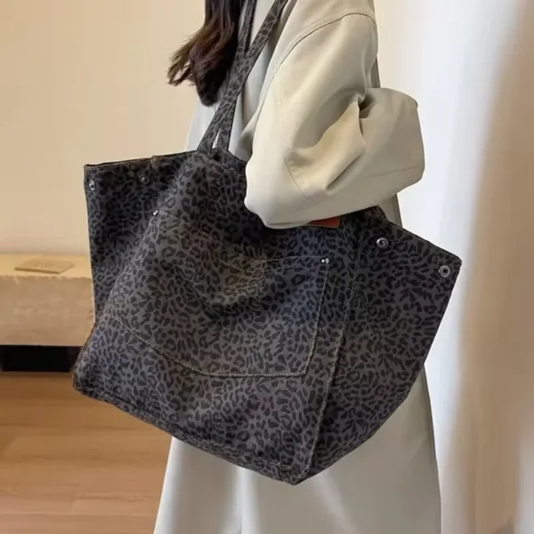 Leopard Pattern Tote Bag Vintage Canvas Shoulder Bag Fashion Big Capacity Handbag For School Work Shopping - Image 4