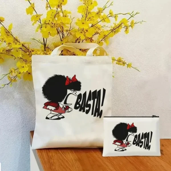 2 Pcs Mafalda Fashion Tote Cosmetic Organizer Ladies Canvas Shoulder Bag Eco-friendly Large Capacity Shopping Bag Wallet - Image 2