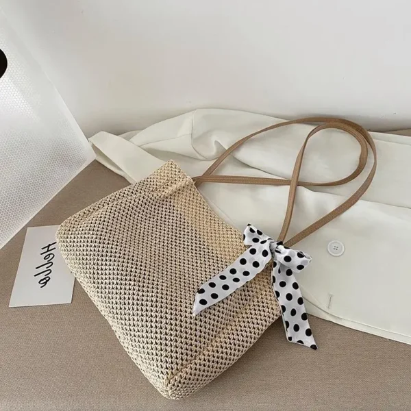 Straw Woven Large Capacity Fashionable Scarf Handbag Spring New Versatile Ins Single Shoulder Armpit Bag Tote Bag Bucket Bag - Image 7