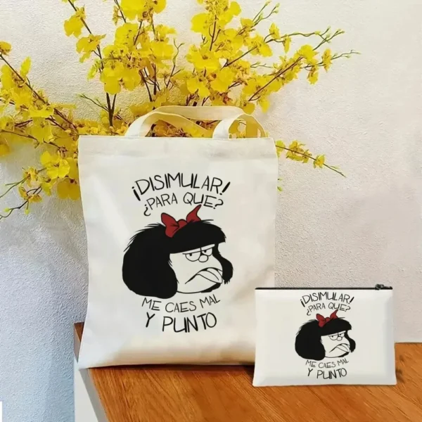 2 Pcs Mafalda Fashion Tote Cosmetic Organizer Ladies Canvas Shoulder Bag Eco-friendly Large Capacity Shopping Bag Wallet - Image 26
