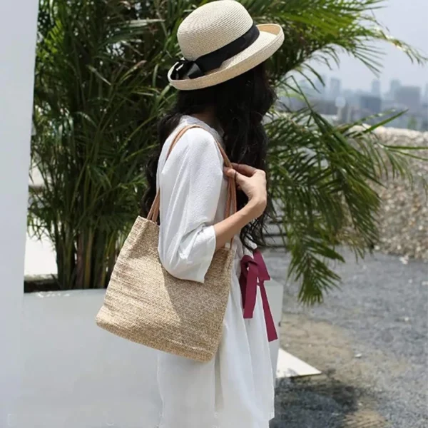 Large Straw Beach Tote Bag Women，Foldable Bucket Bag with Inner Pocket Woven Rattan Pool Bag for Travel & Shopping - Image 4