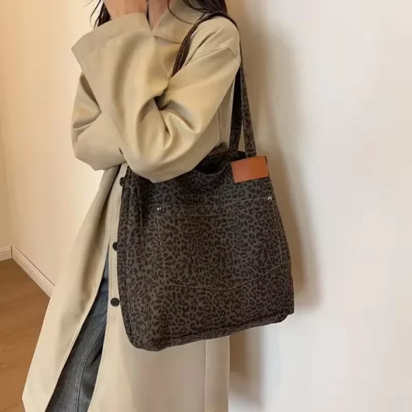 Leopard Pattern Tote Bag Vintage Canvas Shoulder Bag Fashion Big Capacity Handbag For School Work Shopping - Image 6