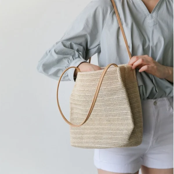 Large Straw Beach Tote Bag Women，Foldable Bucket Bag with Inner Pocket Woven Rattan Pool Bag for Travel & Shopping - Image 8