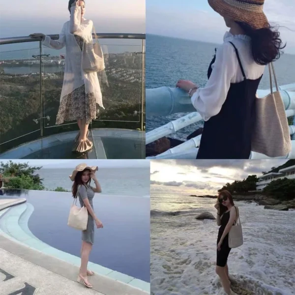 Large Straw Beach Tote Bag Women，Foldable Bucket Bag with Inner Pocket Woven Rattan Pool Bag for Travel & Shopping - Image 7