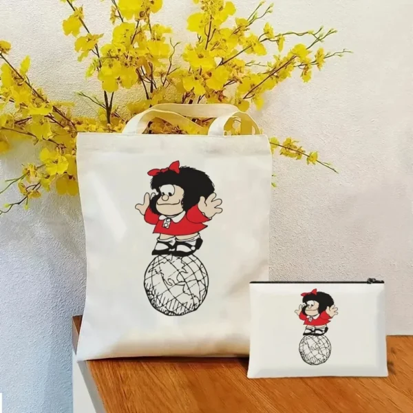2 Pcs Mafalda Fashion Tote Cosmetic Organizer Ladies Canvas Shoulder Bag Eco-friendly Large Capacity Shopping Bag Wallet - Image 32