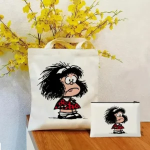 2 Pcs Mafalda Fashion Tote Cosmetic Organizer Ladies Canvas Shoulder Bag Eco-friendly Large Capacity Shopping Bag Wallet