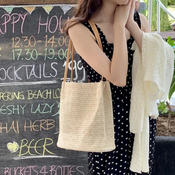 Large Straw Beach Tote Bag Women，Foldable Bucket Bag with Inner Pocket Woven Rattan Pool Bag for Travel & Shopping - Image 10
