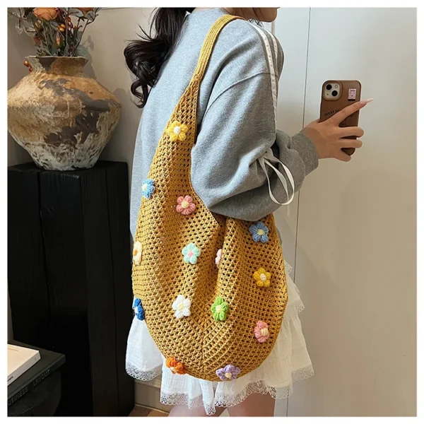 Braid bag women large capacity small flower summer hollow shoulder bag fashion bucket bag - Image 15