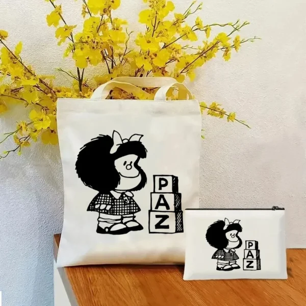 2 Pcs Mafalda Fashion Tote Cosmetic Organizer Ladies Canvas Shoulder Bag Eco-friendly Large Capacity Shopping Bag Wallet - Image 14