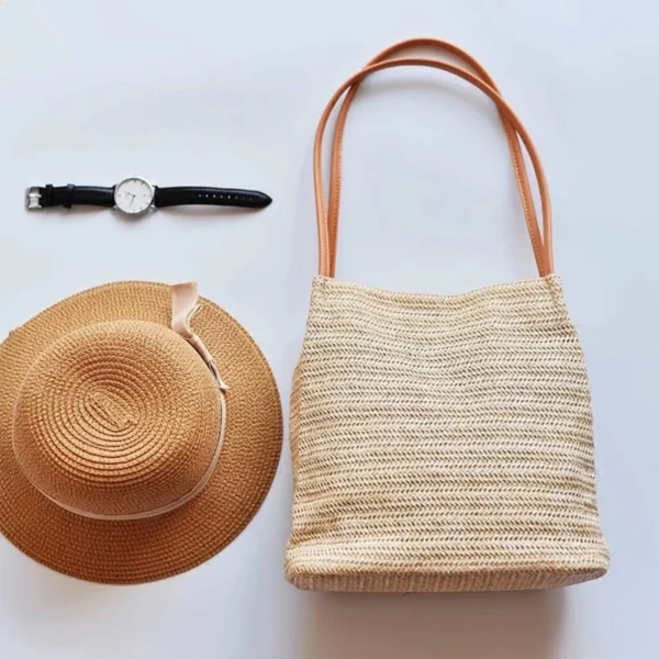 Large Straw Beach Tote Bag Women，Foldable Bucket Bag with Inner Pocket Woven Rattan Pool Bag for Travel & Shopping - Image 3