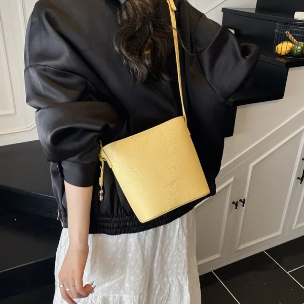 Lychee Pattern Mini Shoulder Bucket Bags For Women Pure Color PU Leather Cross Body Bag With Pendant 2025 Summer Latest Handbags - Image 3